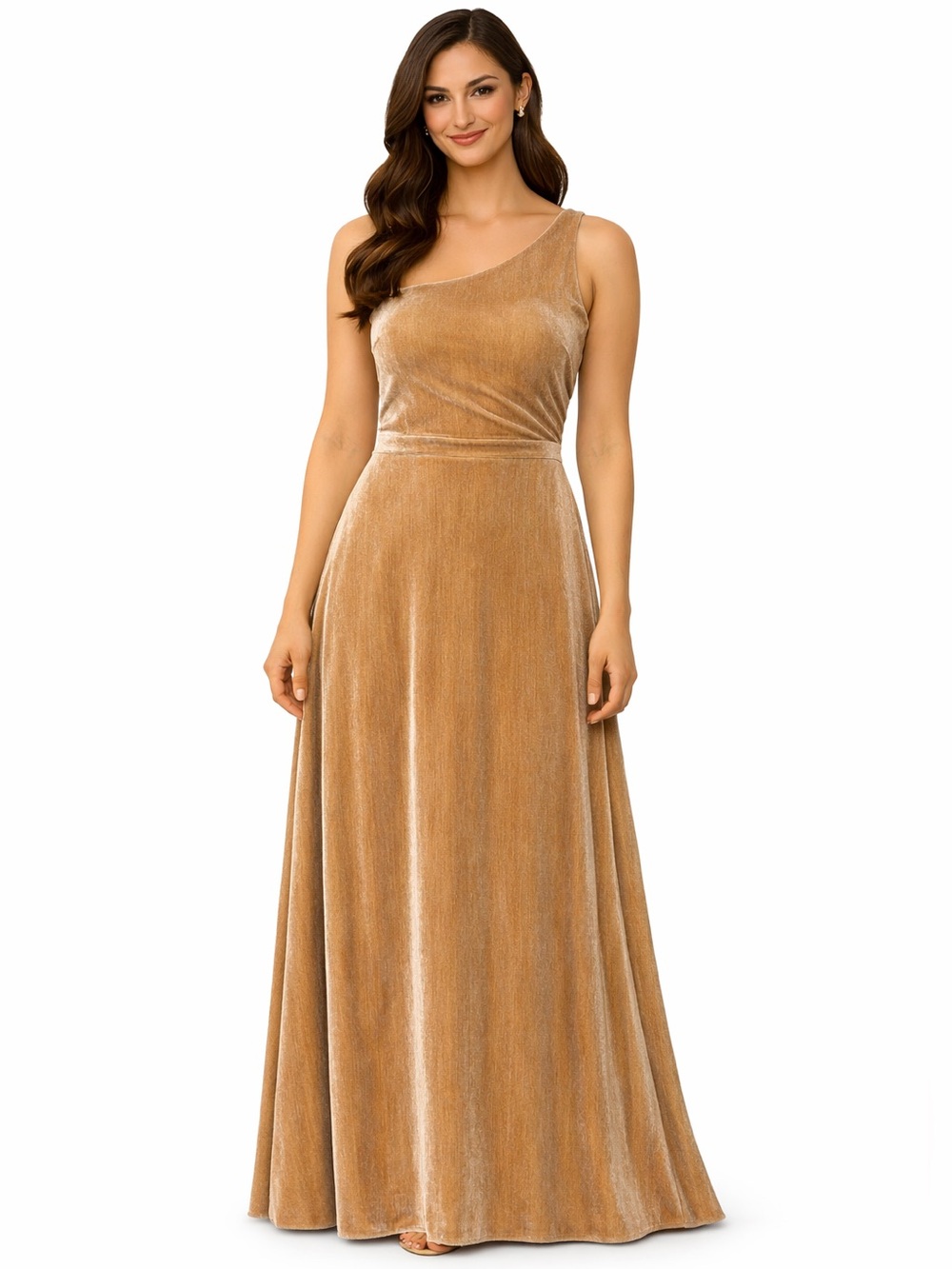 Baltic Born One‑Shoulder Tan Velvet Formal Gown – Medium Size Floor‑Length Dress